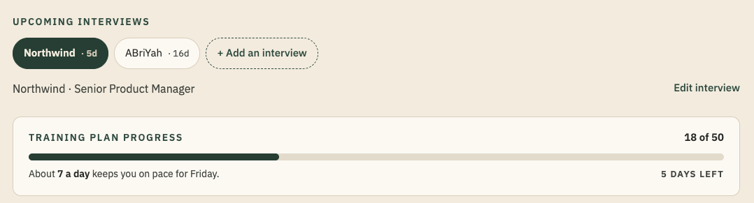 Upcoming interviews and plan progress
